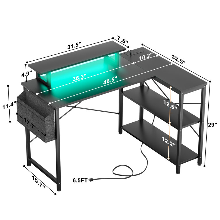 Makaius 47'' L Shaped Desk with Power Outlet, Storage Shelves, LED Strip  and Monitor Stand